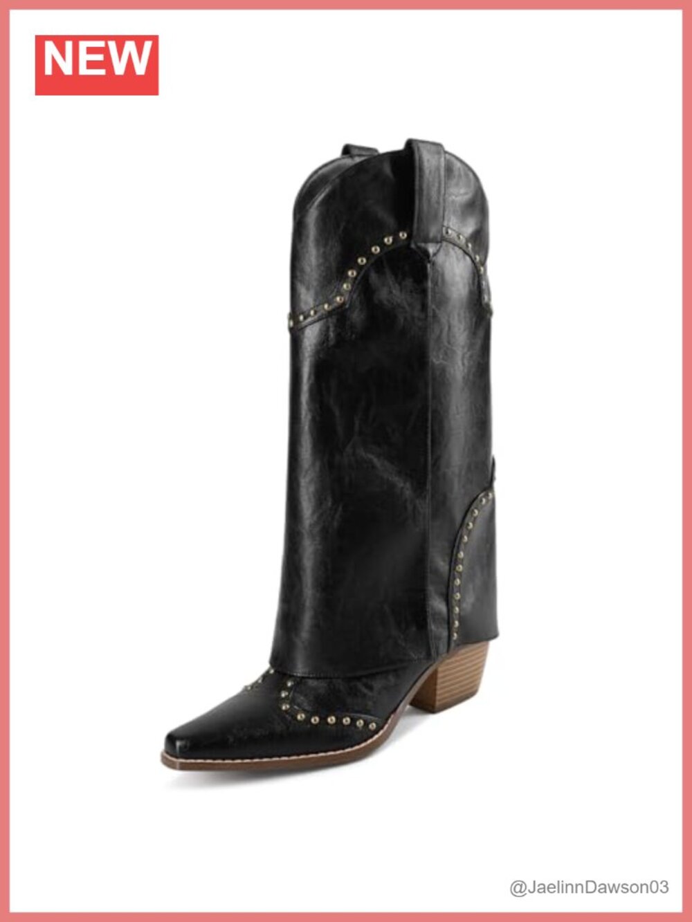 Knee High Fold Over Cowboy Boots Chunky Heel Pointed Toe Faux Leather Studded